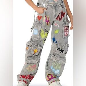 IN SEARCH OF AKIRA GRAFFITI RELAXED LEG CARGO JEANS IN LARGE